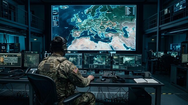 Soldier working on computer with large map on screen in control room