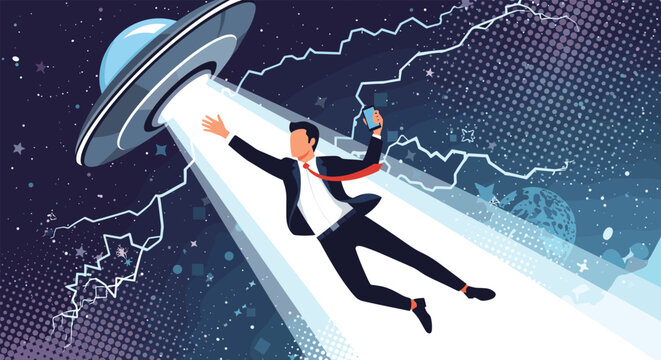 Surprised businessman being lifted into the air by a bright beam from a flying saucer UFO in a starry space background.