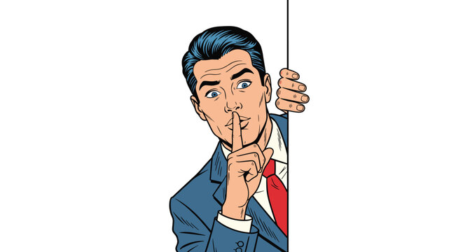 Businessman in a blue suit peeking from behind a white wall and holding a finger to his lips requesting silence or a secret.