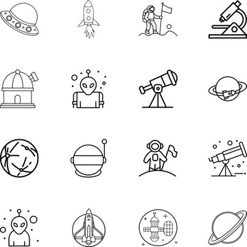 space exploration icons and symbols, rocket, astronaut, alien, telescope, planet, satellite, spaceship, ufo, observatory, microscope
