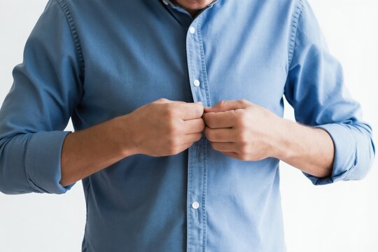 Man buttons blue shirt on white background. Close up on hands fastening buttons. Getting dressed for work or formal event. Casual business wear.