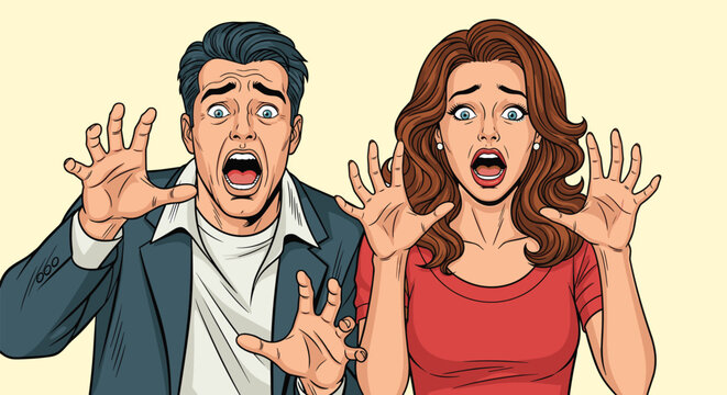 Man and woman with terrified expressions and raised hands in fear or horror against a neutral yellow background.