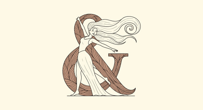 Artistic line drawing of a graceful dancing woman with long flowing hair integrated into a large ampersand symbol design.