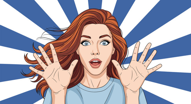 Shocked woman with long reddish hair holding her hands up in amazement against a blue and white rayed sunburst background.