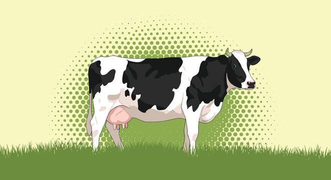 Holstein cow standing in green grass against a pale yellow background with a dark green halftone sunburst pattern in pop art.