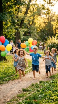 Group of happy child running with colorful balloons and soap bubbles in sunny park. International Childrens Day celebration. Joyful kids playing together outdoors in summer nature.