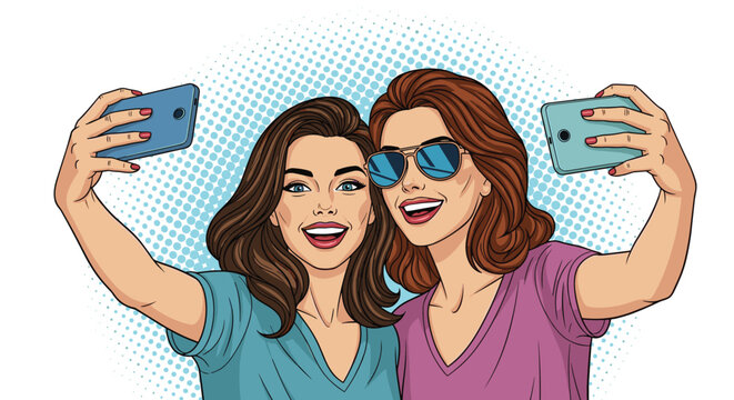 Two joyful young women smiling while taking a selfie together with their mobile phones against a blue halftone background.