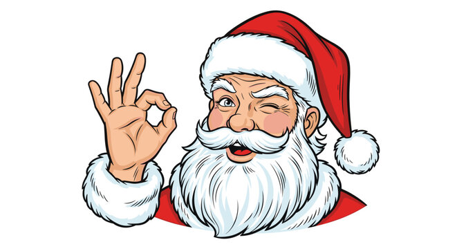 Jolly Santa Claus winking and giving the ok hand gesture in a festive close-up portrait against a clean white background.