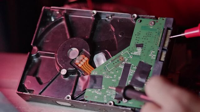 Technician Testing Hard Drive Circuit Board with Multimeter Probes in Red Light for Data Recovery