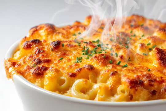 Classic American Mac and Cheese Dish with Steaming Cheesy Topping Freshly Baked and Isolated on White Background