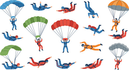 Skydiver and Parachutist Character Set Featuring Extreme Sports Athletes Freefalling and Paragliding in the Sky Flat Vector Illustration  © MdMahfizur
