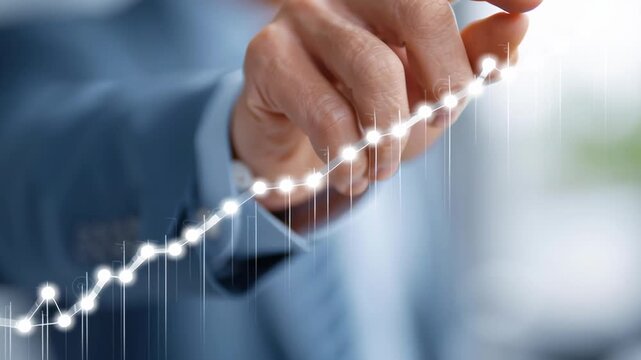 Hand guides upward trend line. Fingers steady, confident gesture. Businessman projects growth visually. Ideal for finance or strategy presentations. Focus on clarity and forward momentum