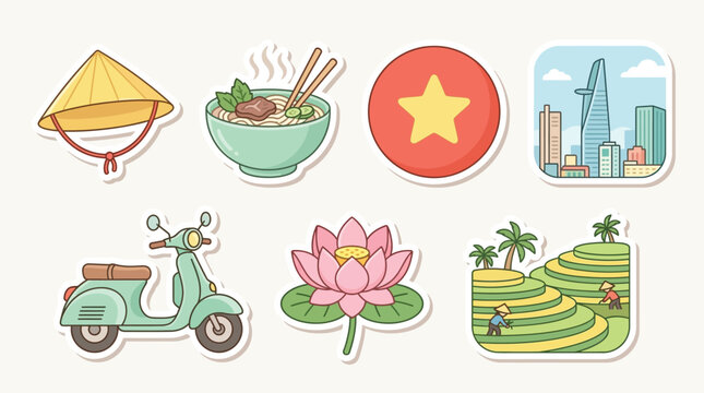 A vibrant collection of Vietnamese cultural icons, including a conical hat, pho, flag, cityscape, scooter, lotus flower, and rice terraces.