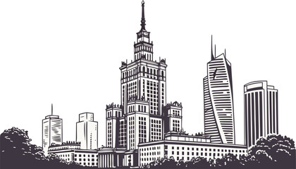 Fototapeta premium Warsaw City Skyline Vector Art | Palace of Culture & Modern Towers Silhouette