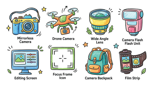 A colorful collection of various photography equipment and accessories, including cameras, lenses, and editing tools, presented in a charming cartoon style.