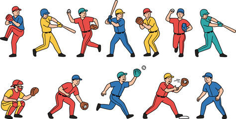 Fototapeta premium Baseball player character collection featuring pitchers batters catchers and fielders in various action poses including hitting throwing and catching isolated vector illustration set on white backgrou