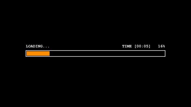 Classic loading progress bar on dark screen with digital timer for tech and waiting concepts