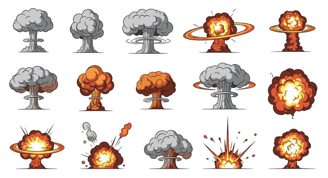 Comprehensive collection of various comic style explosion and fire effects illustrated in pixel art on white background.