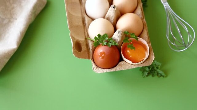 Raw eggs in carton with baking tools and herbs composition