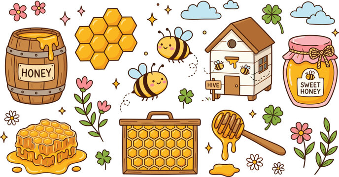 Cute cartoon honey bee collection featuring beehive honeycomb wooden barrel glass jar dipper flowers and flying bumblebee characters set in hand drawn doodle style vector illustration.