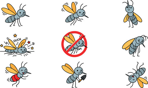 Cute cartoon mosquito character set with various poses and emotions featuring a stop sign pest control concept and blood sucking insect vector illustration for healthcare.