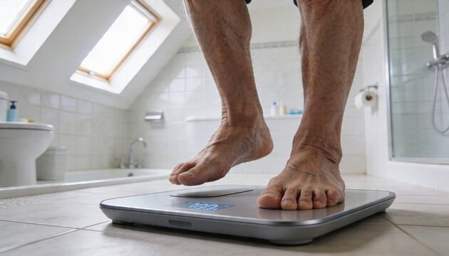 Balancing senior's bare legs pressing foot and lifting foot in attic bathroom, with digital scale