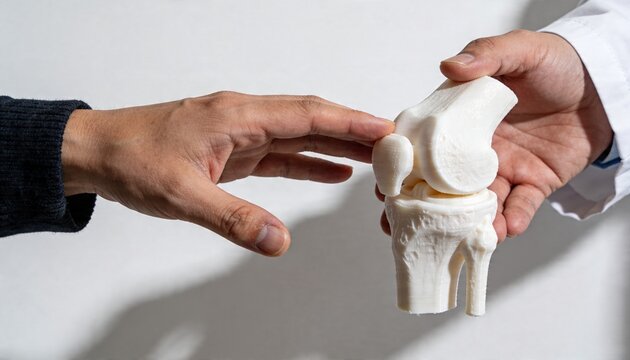 Holding and pointing hands examining 3D-printed knee at clinic, white lab and dark knit sleeves