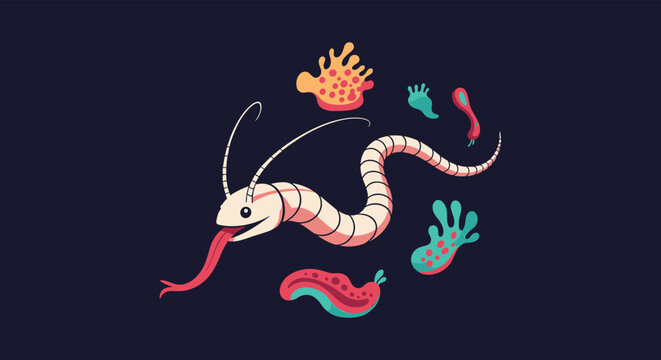 Stylized long worm creature with red tongue and various microscopic organisms illustrated in a retro pixel art.