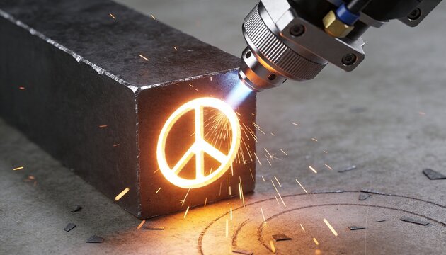 Cutting rectangular steel billet creating glowing peace symbol at shop with CNC nozzle sparks slag