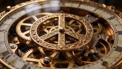 Obraz premium Showing ornate filigree wheel turning inside watch casing, with brass gears and hairspring