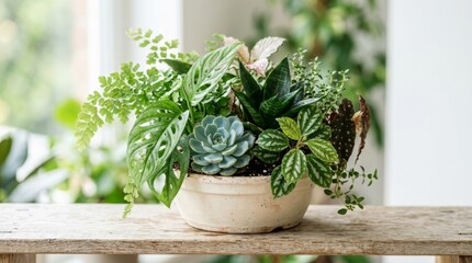 Fototapeta premium Arrangement of house plants in pot. Group of tropical greenery and succulent for home decoration. Interior garden concept with monstera and fern on rustic wooden table background.