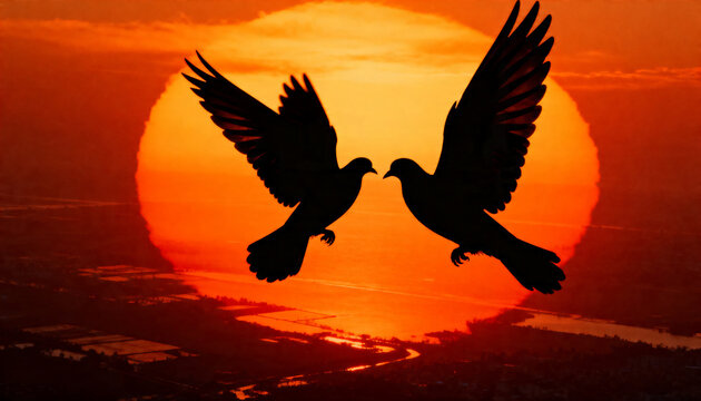 Soaring silhouetted doves facing each other in sunset sky, with large sun, rivers and fields