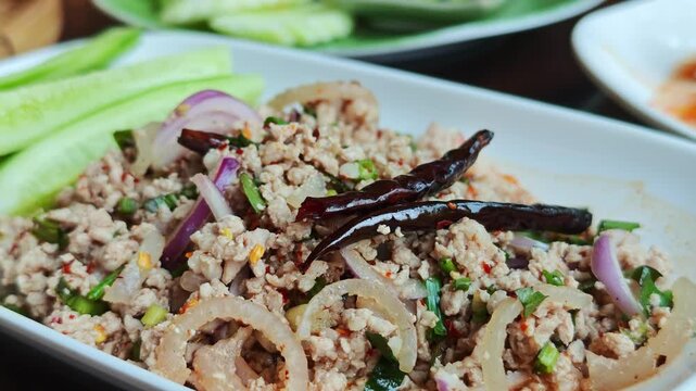 Spicy Minced Pork Larb Salad , Northeastern Thai food