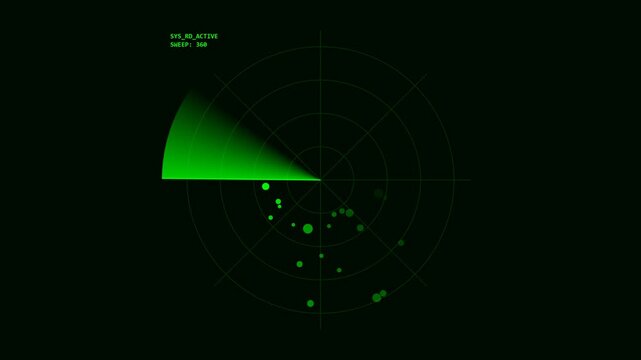 Green radar screen displays multiple blips and a sweeping sector in a continuous loop, indicating system activity.