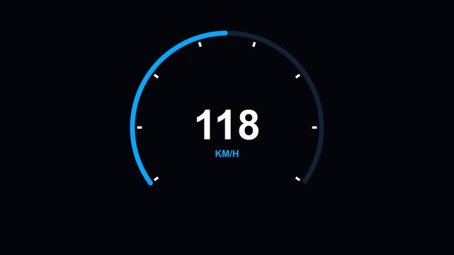 Abstract motion graphics animation of a speedometer needle indicating 121 km/h on a dark background, suitable for a loop.