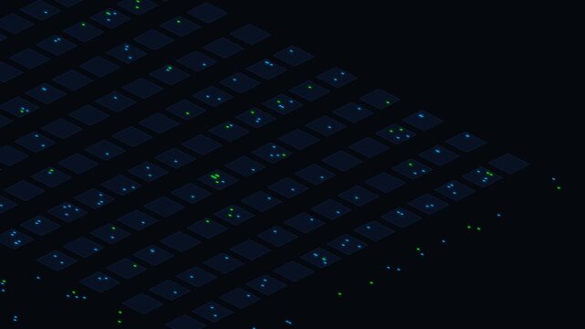 Abstract isometric grid animation with glowing blue and green data points, suitable for technology or network themes.