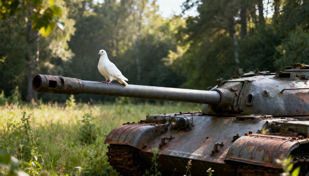 Perching white dove balancing on rusted tank barrel in sunlit forest clearing, mossed metal