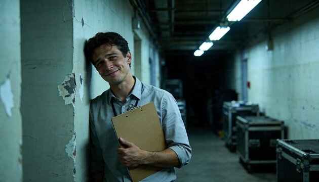 Leaning adult crew holding clipboard to chest in backstage corridor, wearing gray shirt, copy space