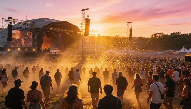 Walking festivalgoers in summer clothes moving toward main stage on grassy field, with LED screen