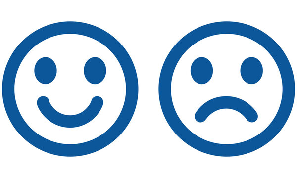 Set of two blue circular face icons representing happy and sad emotions for user feedback customer satisfaction and sentiment analysis design concepts