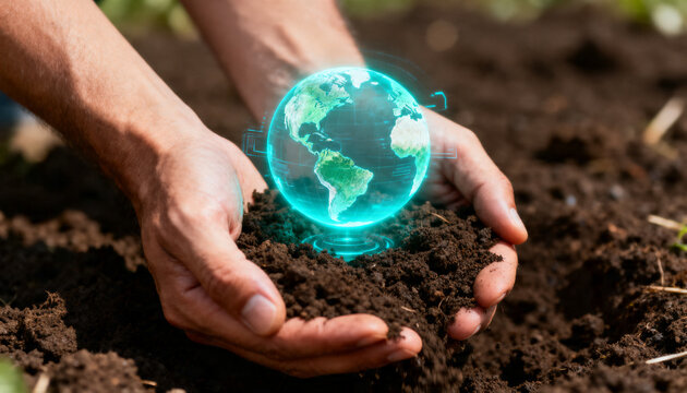 Cupping bare hands holding dark soil and supporting holographic Earth globe over garden bed