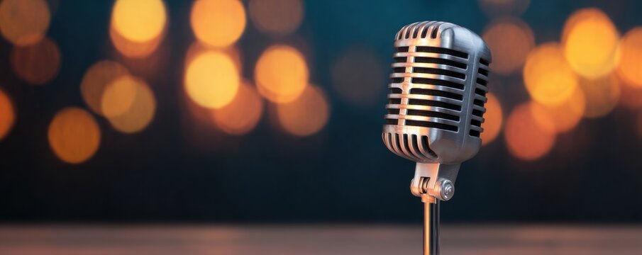 professional vintage microphone on stand with blurred golden bokeh lights in studio setting representing classic music performance and elegant audio recording atmosphere