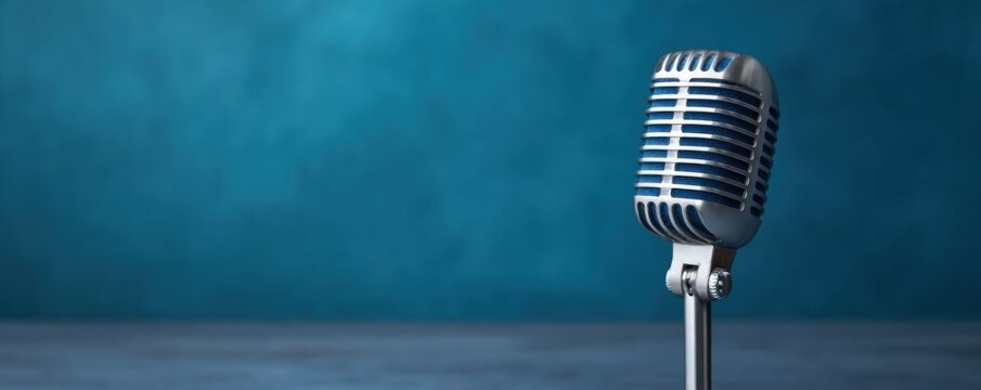 retro style professional studio microphone isolated against dark blue textured background representing classic audio recording and vintage broadcast concept