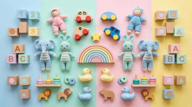 Collection of baby toys on pastel background for International Childrens Day. Wooden blocks, plush animals, and educational games for toddler. Creative layout of colorful play objects.