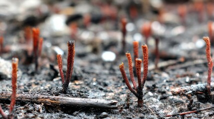 Fototapeta premium Wildfire forest scorched ground disaster destruction wildfire environment ash burned landscape fire damage blackened soil charred debris burnt vegetation close up aftermath scene