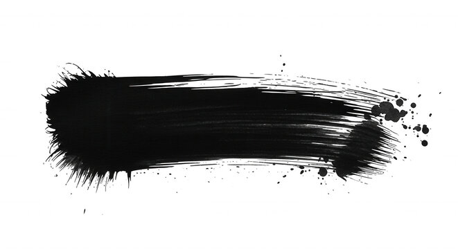 Horizontal black paint brush stroke with textured bristles and splattered edges on a solid black background