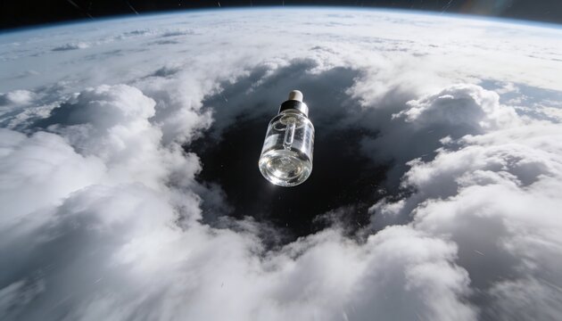 Floating clear glass dropper bottle with black cap hovering above planet horizon, with cloud vortex