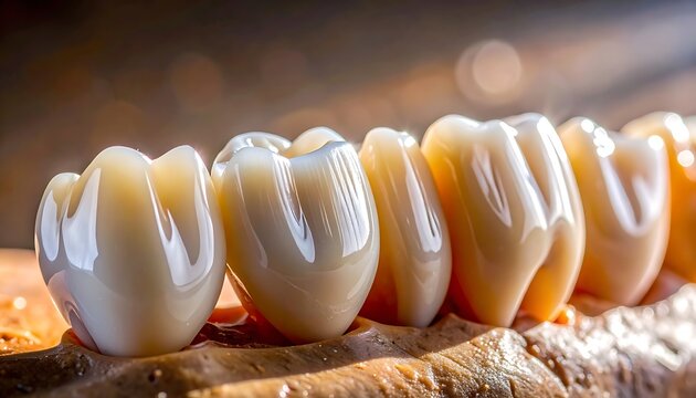Close-up macro shot of dental crowns, artificial teeth, pearly white enamel, arranged on a wooden surface, dental restoration, oral hygiene, healthcare concept