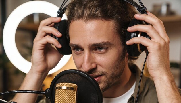Adjusting over-ear headphones, male host in home studio wearing olive shirt speaking into gold mic