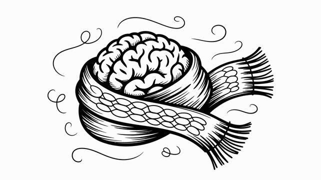 Brain wrapped in snake, mind control, serpentine thought, black and white vector